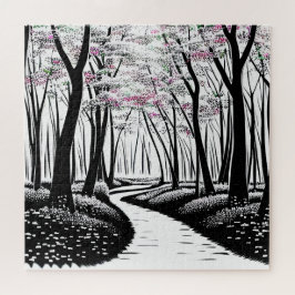 Abstrakte Schwarze Silhouette Bäume mit Lila Blätt Puzzle
