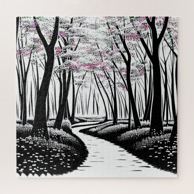 Abstrakte Schwarze Silhouette Bäume mit Lila Blätt Puzzle (Horizontal)