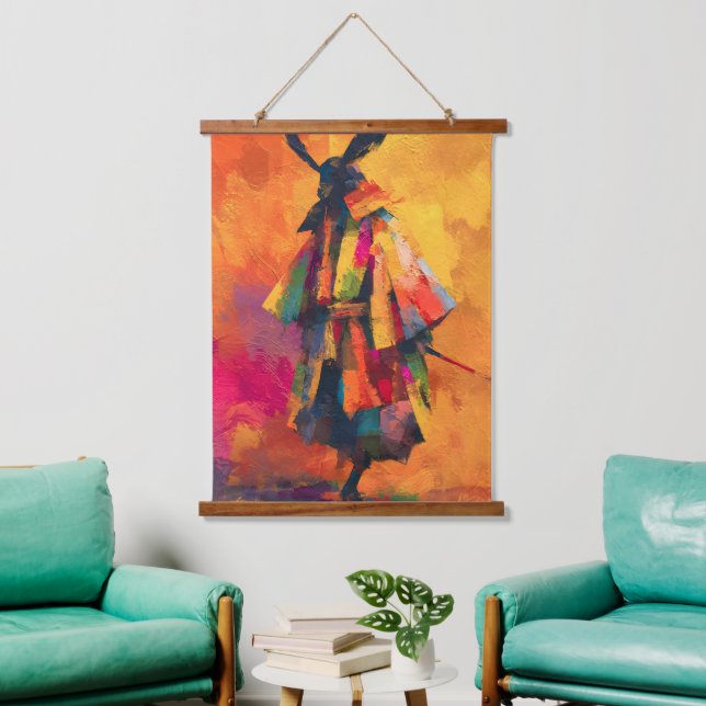 Abstrakte Silhouette Samurai Warrior Wandteppich Mit Holzrahmen (Wohnzimmer)