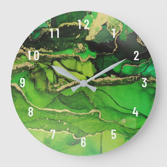 Abstrakte Smarald Green Gold Art Große Uhr (Vorderseite)