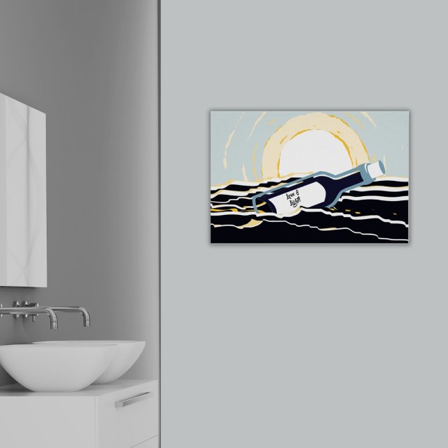 Abstrakte Sonnenaufgangsbotschaft in einer Flasche Poster (Abstract Sunsrise Ocean Message In A Bottle Modern Poster, Bathroom)