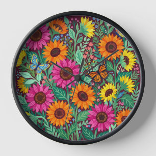 Abstrakte Sonnenblumen Schmetterlinge Gouache Kuns Uhr