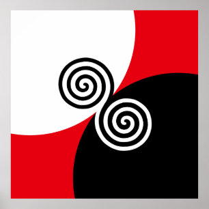 Abstrakte Spiralkreise auf Schwarz, Rot und Weiß Poster