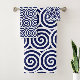 Abstrakte Spiralkreise in Navy Blue & White Bath Badhandtuch Set