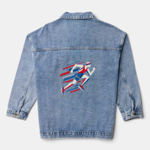Abstrakte Sprinter Rot Weiß Blau Geometrischer Wet Jeansjacke