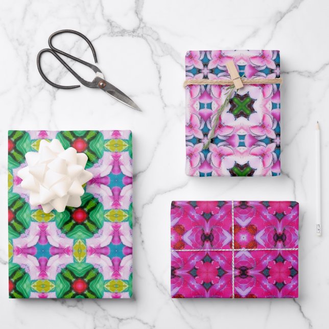 Abstrakte Sternmuster grün und rosa Geschenkpapier Set (Vorderseite)