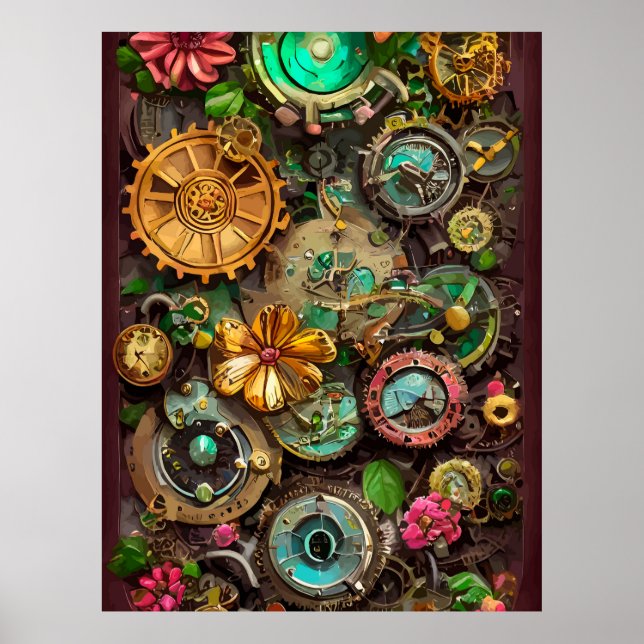 Abstrakte Surreal Gears Blume Steampunk Art Poster (Vorne)