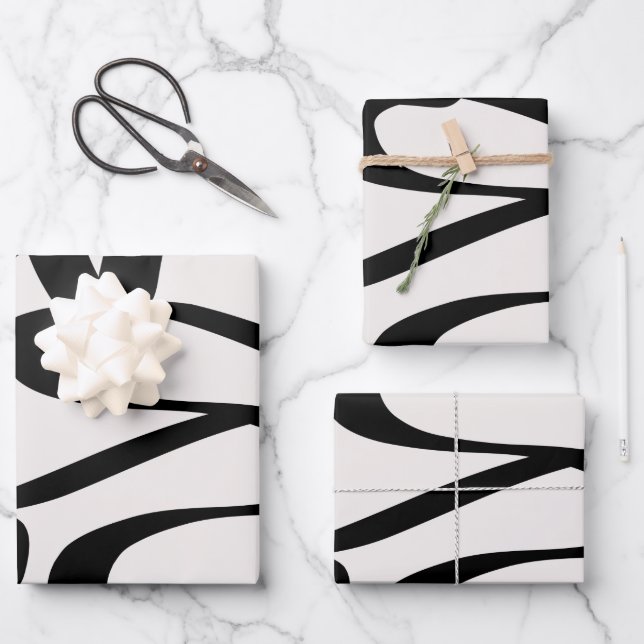 Abstrakte Swirbellinien formen schwarz und beige C Geschenkpapier Set (Vorderseite)