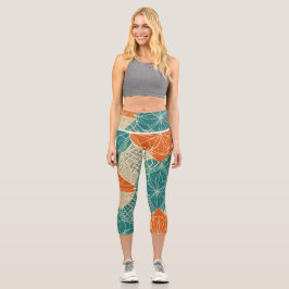 Abstrakte Teal-, Orange- und Beige-Blumen Capri Leggings
