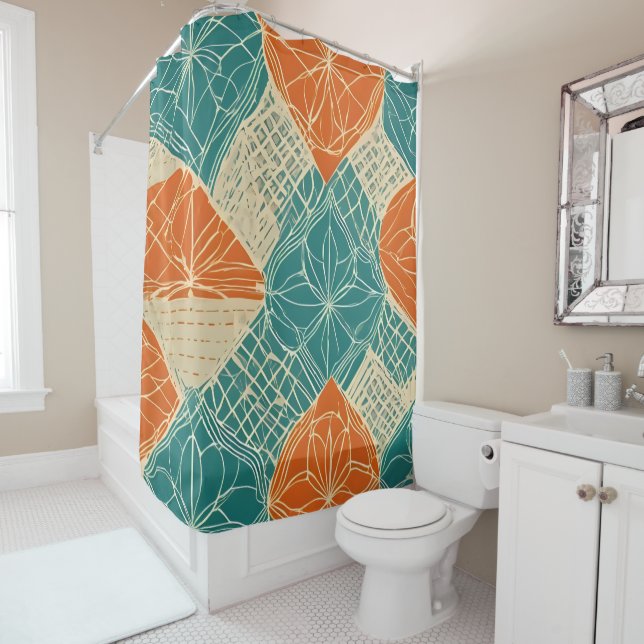 Abstrakte Teal-, Orange- und Beige-Blumen  Duschvorhang (Beispiel)