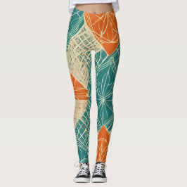 Abstrakte Teal-, Orange- und Beige-Blumen Leggings