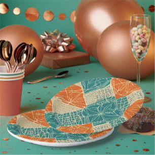 Abstrakte Teal-, Orange- und Beige-Blumen Pappteller