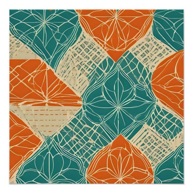 Abstrakte Teal-, Orange- und Beige-Blumen Poster (Vorderseite)