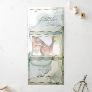 Abstrakte Tinte aus erdigen Grüntönen und Golden,  Dreifach Gefaltete Einladung