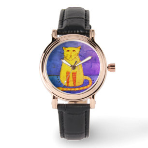 Abstrakte tragbare Kunst in Gelb Katze Armbanduhr