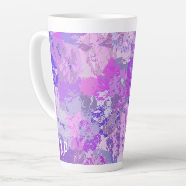 Abstrakte trendige Camouflage Rosa Lila Blau Milchtasse (Linke Ecke)