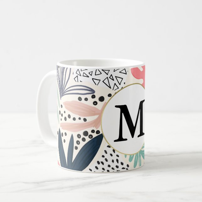 Abstrakte Tropenfarben-Collage mit Monogramm Kaffeetasse (Vorderseite Links)
