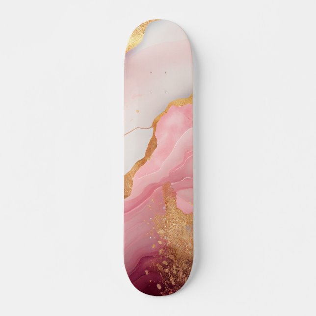 Abstrakte Tropfen aus Gold und Rosa Marmor Skateboard (Vorne)