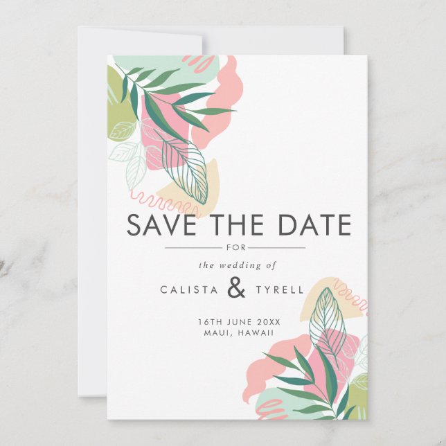 Abstrakte tropische Blätter Hochzeit Save The Date (Vorderseite)