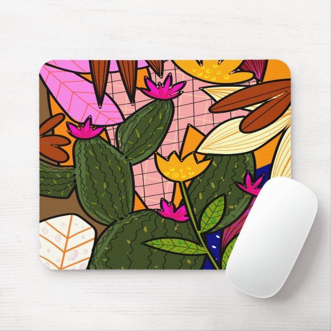 Abstrakte tropische Blätter und Blume Mousepad (Mit Mouse)