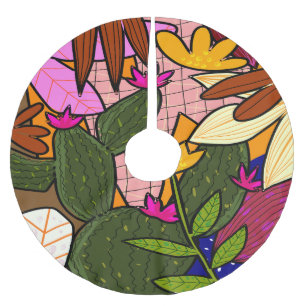 Abstrakte tropische Blätter und Blume Polyester Weihnachtsbaumdecke