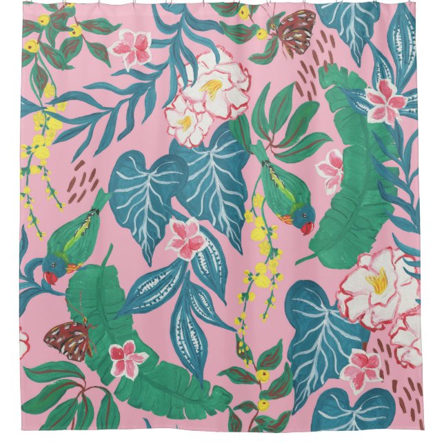 Abstrakte tropische Blume, Guache Malmuster Duschvorhang (Vorderseite)