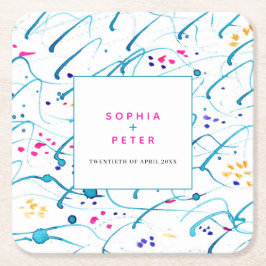 Abstrakte tropische Wellen Rosa Aqua-Orange Hochze Rechteckiger Pappuntersetzer