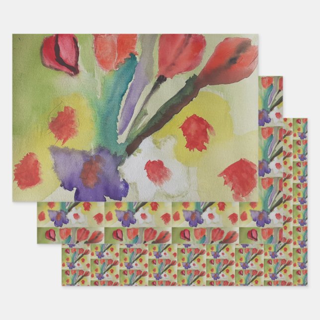 Abstrakte Tulips und Frühlingsblumen Geschenkpapier Set (Set)