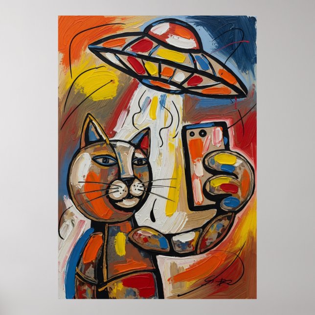 Abstrakte UFO-Katze Farbige Kubistische Katze Poster (Vorne)