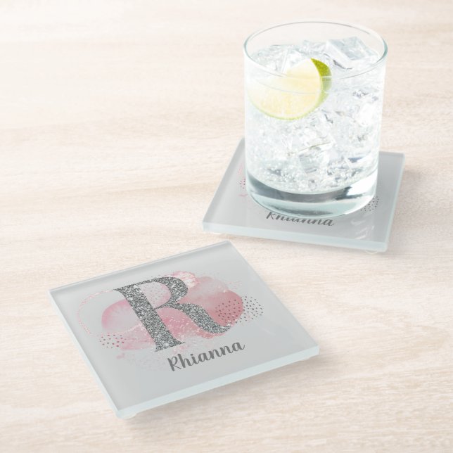 Abstrakte und Silber Glitzer Letter R Glasuntersetzer (Schrägansicht)