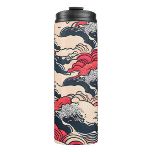 Abstrakte Vintage-Ozeanwellen im japanischen Stil  Thermosbecher