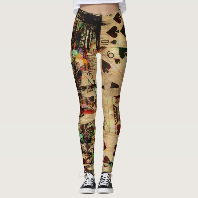 Abstrakte Vintage Spielkarten Digital-Kunst Leggings (Vorderseite)