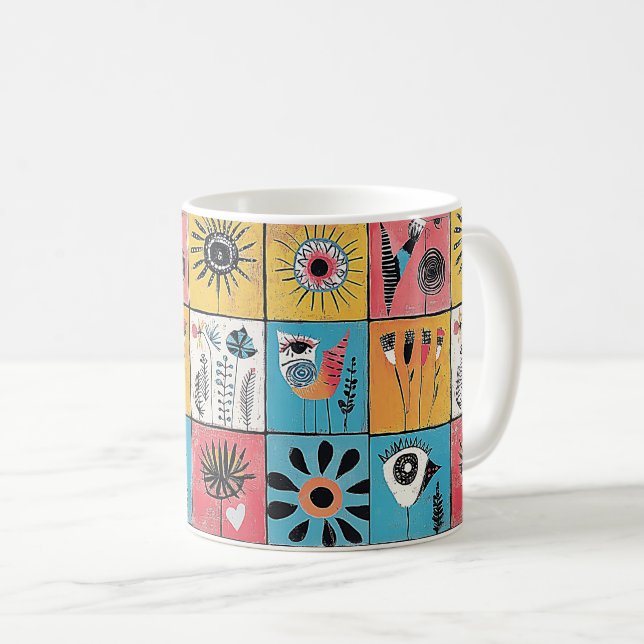 Abstrakte Vögel und Blüten Kaffeetasse (VorderseiteRechts)
