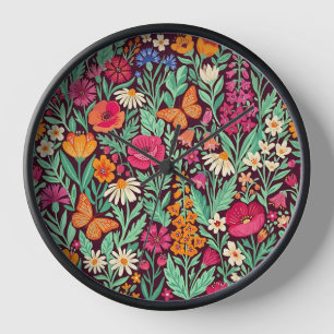 Abstrakte Volkskunst-Wildblumen-Schmetterlinge-Kun Uhr