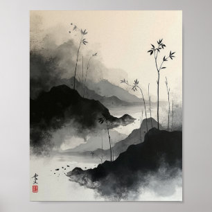 Abstrakte Wand an Wand mit Sumi-E-Strichen Poster