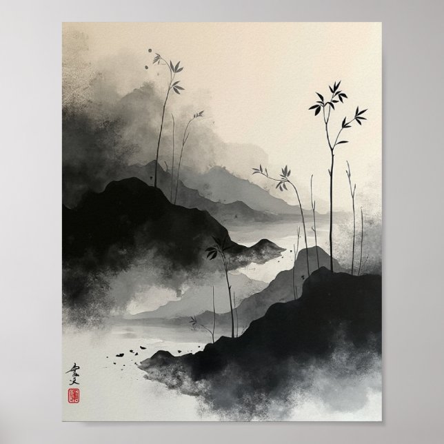 Abstrakte Wand an Wand mit Sumi-E-Strichen Poster (Vorne)