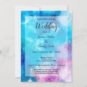 Abstrakte Wasserfarbe Blau Lila Hochzeit Einladung