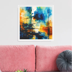 Abstrakte Wasserfarbe Blau und Orange Modern Leinwanddruck