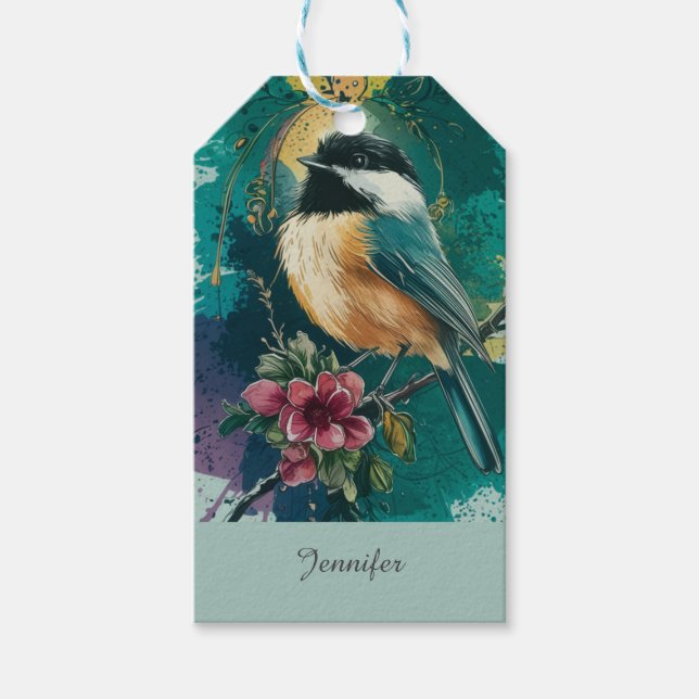Abstrakte Wasserfarbe Chickadee - Aquamarin Geschenkanhänger (Vorderseite)