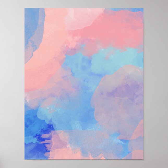 Abstrakte Wasserfarbenwolken in Blau und Rosa Poster (Vorne)