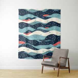 Abstrakte Wavy-Linien mit Schneeflockenpunkten Wandteppich