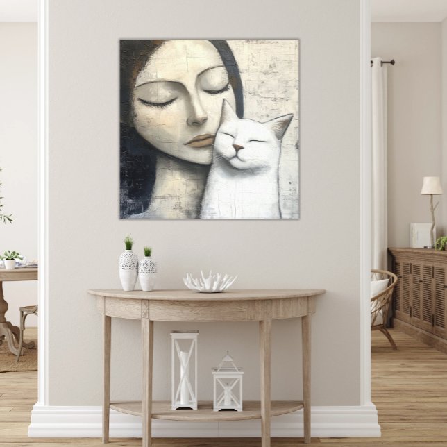 Abstrakte weibliche Schnürsenkel glückliche weiße  Leinwanddruck (Printed Canvas Abstract Woman's Face with White Cat, Peaceful Snuggle Modern Neutral Art)