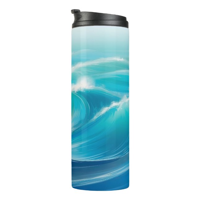 Abstrakte weiche blaue Ozean-Spritzwellen   Thermosbecher (Nach rechts gedreht)