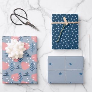 Abstrakte Weihnachten Blaue Rosa Sterne Schneefloc Geschenkpapier Set