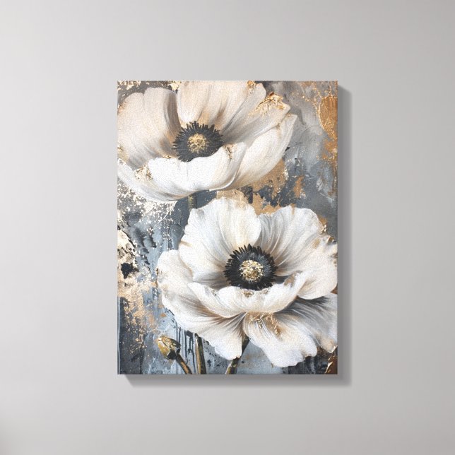 Abstrakte weiße Blume, goldgelb und grau Leinwanddruck (Vorderseite)