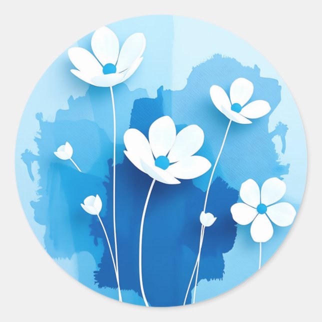 Abstrakte weiße Blume hellblauer Hintergrund Runder Aufkleber (Vorderseite)