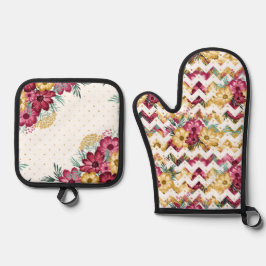 ABSTRAKTE WEISSE BURGUNDY & GELBE BLUMEN OFENHANDSCHUH & Topflappen-Set