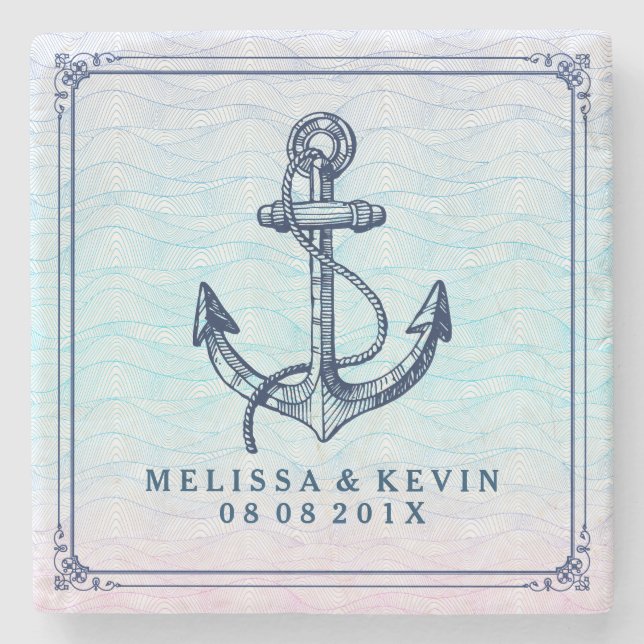 Abstrakte Welle von Navy Blue Nautical Boat Anker Steinuntersetzer (Vorderseite)