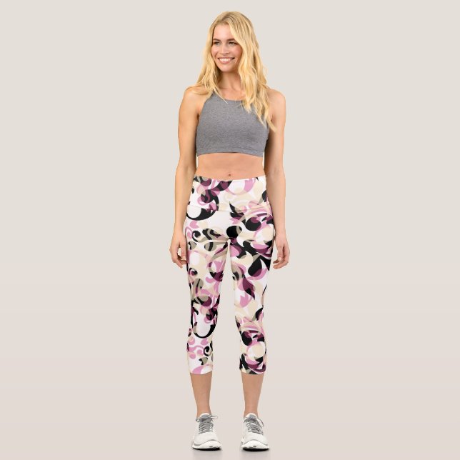Abstrakte Wellen mit Curly Black Pink Capri Leggings (Vorderseite)