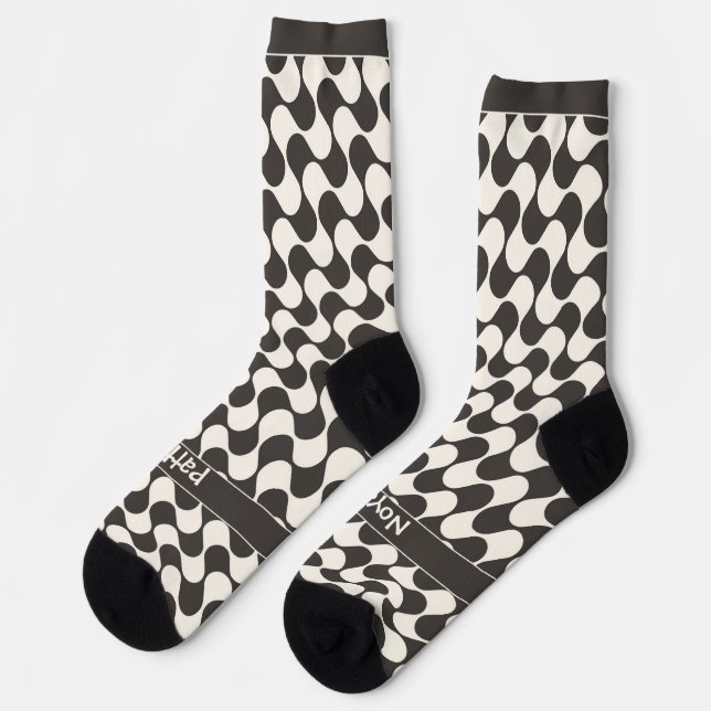 Abstrakte Wellen Schwarz-Weiß mit Text Socken (Linkes Detail)